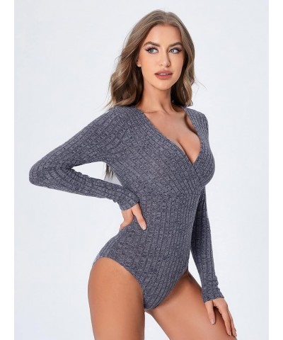 Women's Long Sleeve Bodysuit Tops Wrap V Neck Ribbed Knit Jumpsuit Navy Blue $14.83 Bodysuits