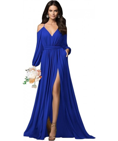 Long Sleeve Bridesmaid Dresses Chiffon V Neck Spaghetti Straps Ruched A-line Prom Dress with Slit Pockets Royal Blue $31.89 D...