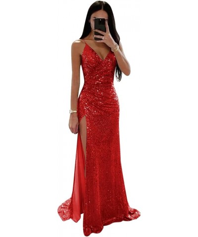 Spaghetti Straps Sequin Mermaid Prom Dresses for Women Long Wrap Slit Formal Evening Party Gown Red $41.24 Dresses