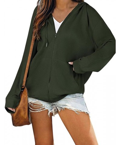 Women’s Waffle Hoodies Coat Loose Long Sleeve Drawstring Hooded Sweatshirt Casual Zip Up Knit Jacket with Pockets Army Green ...