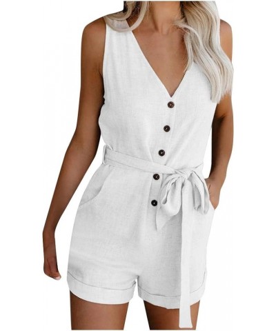 Summer Jumpsuits for Women Sleeveless Button V Neck Rompers Casual Tank Tops Waisted Belt Overalls with Pockets White $13.19 ...