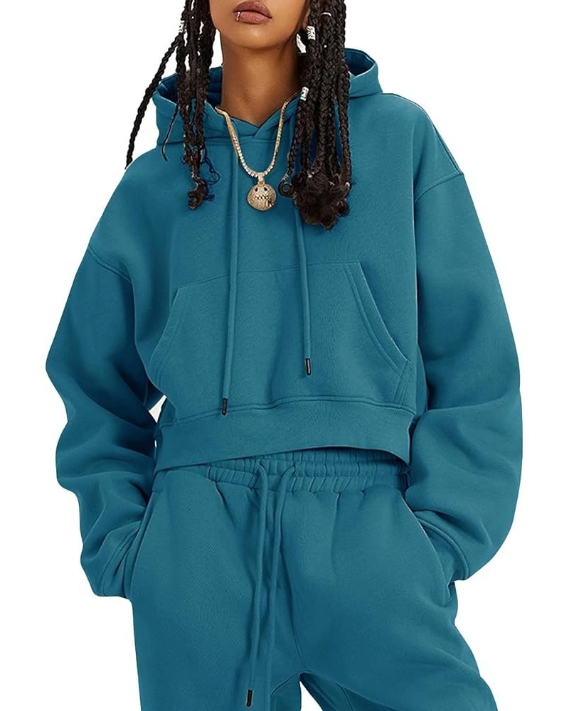 Womens Fleece 2 Piece Outfits Sweatsuit Crop Top And Pants Hoodie Tracksuit Set Teal $26.94 Activewear