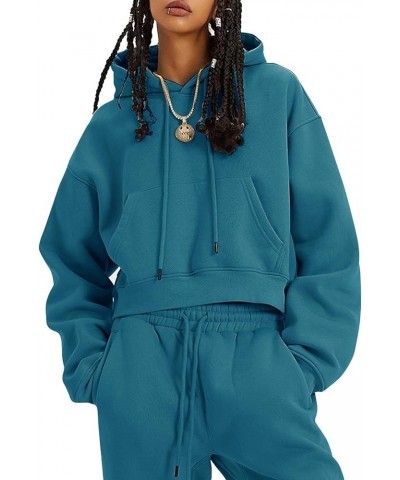 Womens Fleece 2 Piece Outfits Sweatsuit Crop Top And Pants Hoodie Tracksuit Set Teal $26.94 Activewear