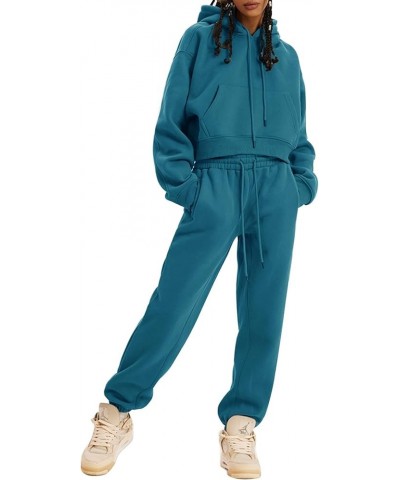 Womens Fleece 2 Piece Outfits Sweatsuit Crop Top And Pants Hoodie Tracksuit Set Teal $26.94 Activewear