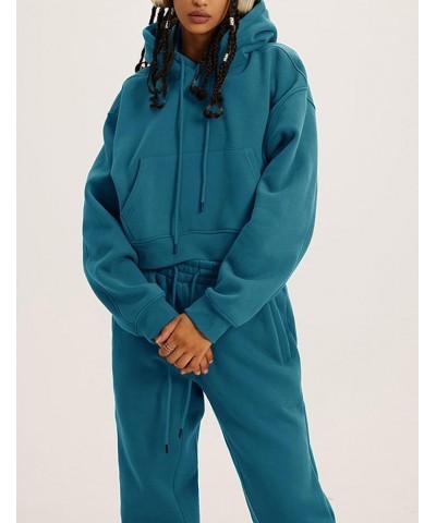 Womens Fleece 2 Piece Outfits Sweatsuit Crop Top And Pants Hoodie Tracksuit Set Teal $26.94 Activewear