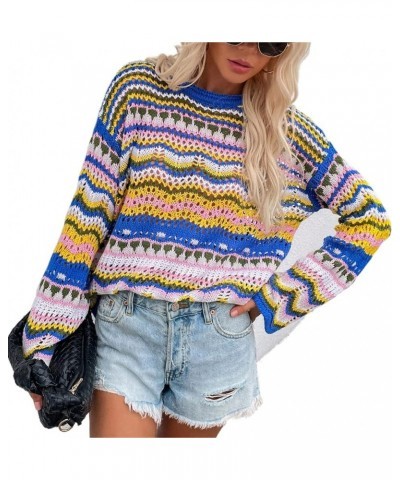 Women's Rainbow Striped Long Sleeve Loose Crochet Hollow Out Casual Sweater Dress + Slip Dress or Tops Blue-tops $18.41 Dresses