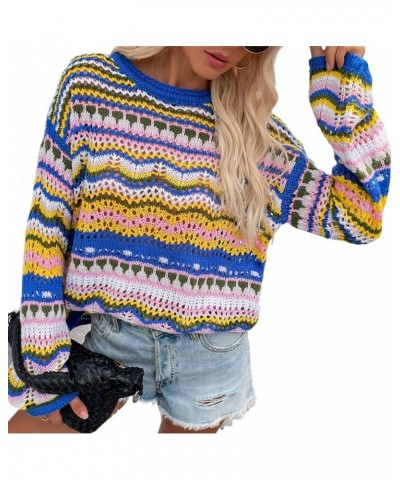 Women's Rainbow Striped Long Sleeve Loose Crochet Hollow Out Casual Sweater Dress + Slip Dress or Tops Blue-tops $18.41 Dresses