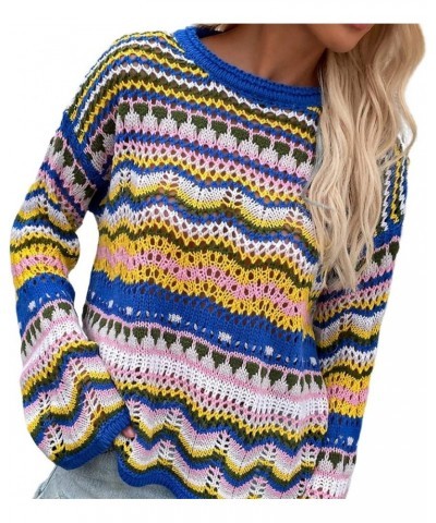 Women's Rainbow Striped Long Sleeve Loose Crochet Hollow Out Casual Sweater Dress + Slip Dress or Tops Blue-tops $18.41 Dresses