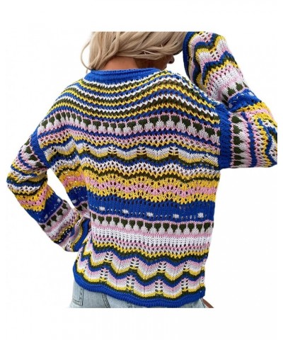 Women's Rainbow Striped Long Sleeve Loose Crochet Hollow Out Casual Sweater Dress + Slip Dress or Tops Blue-tops $18.41 Dresses