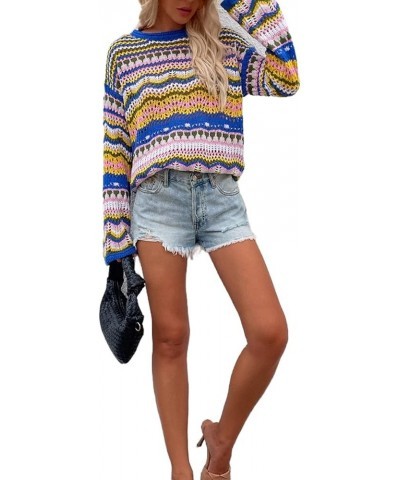 Women's Rainbow Striped Long Sleeve Loose Crochet Hollow Out Casual Sweater Dress + Slip Dress or Tops Blue-tops $18.41 Dresses