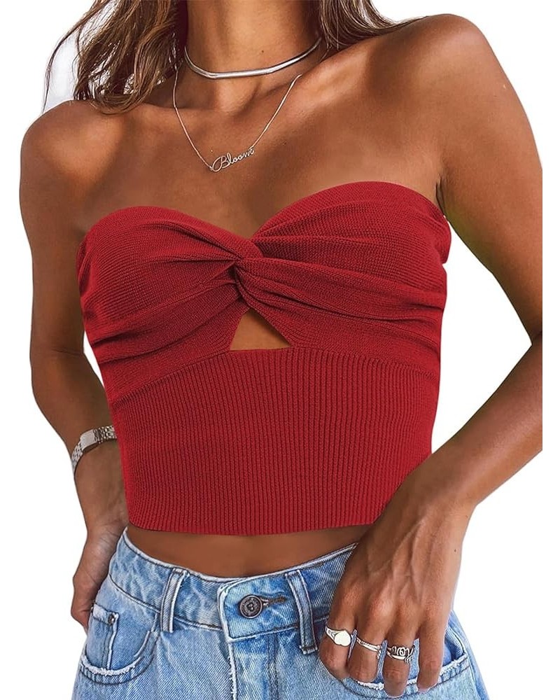 Womens Tube Tops Going Out Cut Out Twist Knot Front Bandeau Ribbed Knit Y2K Strapless Tank Bustier Corset Tops Red $9.40 Tanks