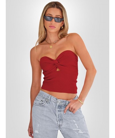 Womens Tube Tops Going Out Cut Out Twist Knot Front Bandeau Ribbed Knit Y2K Strapless Tank Bustier Corset Tops Red $9.40 Tanks