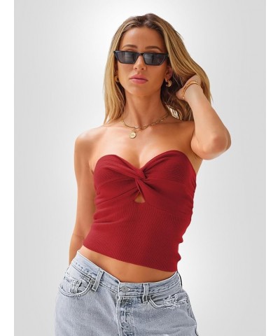 Womens Tube Tops Going Out Cut Out Twist Knot Front Bandeau Ribbed Knit Y2K Strapless Tank Bustier Corset Tops Red $9.40 Tanks