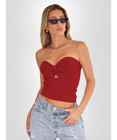 Womens Tube Tops Going Out Cut Out Twist Knot Front Bandeau Ribbed Knit Y2K Strapless Tank Bustier Corset Tops Red $9.40 Tanks