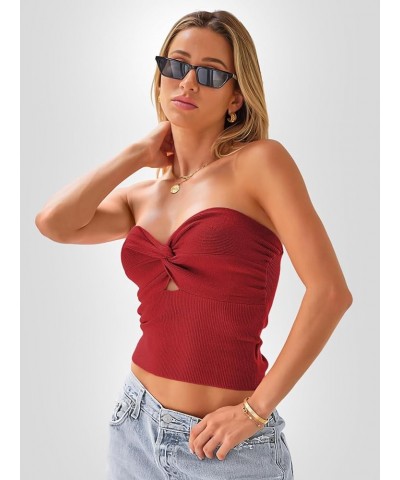 Womens Tube Tops Going Out Cut Out Twist Knot Front Bandeau Ribbed Knit Y2K Strapless Tank Bustier Corset Tops Red $9.40 Tanks