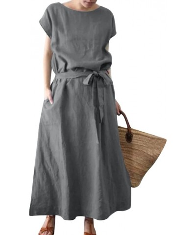 Women's Summer Long Maxi Crew Neck Dress with Belt High Waist Crew Neck with Pockets Grace Conton Linen Dressy for Women Grey...