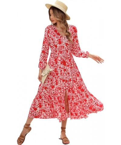 Maxi Dress for Women Long Sleeve V Neck Drawstring Button Up Casual Split Flowy Dress Whitered-floral $18.92 Dresses