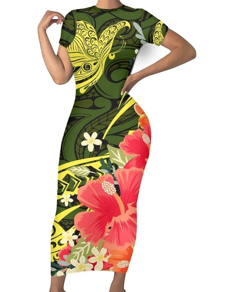 Women's Polynesian American Samoa Print Crew Neck Short Sleeve Bodycon Long Dress Green Polynesian Hibiscus $12.18 Dresses