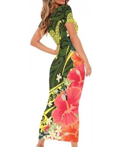 Women's Polynesian American Samoa Print Crew Neck Short Sleeve Bodycon Long Dress Green Polynesian Hibiscus $12.18 Dresses