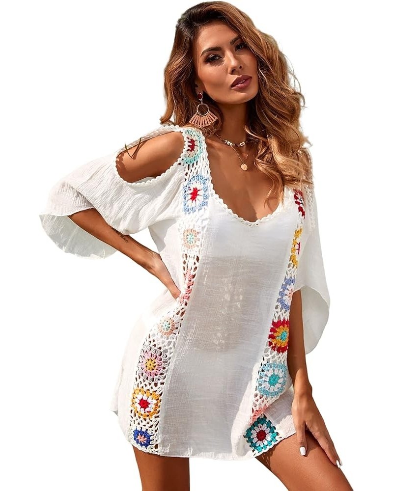 Women's Crochet Cover Up Cold Shoulder Hollow Out Swimsuit Kimono White $18.14 Swimsuits