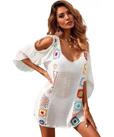 Women's Crochet Cover Up Cold Shoulder Hollow Out Swimsuit Kimono White $18.14 Swimsuits