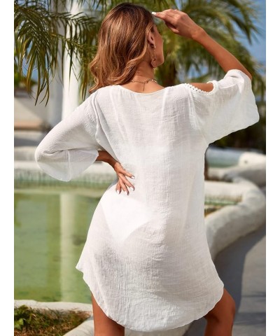 Women's Crochet Cover Up Cold Shoulder Hollow Out Swimsuit Kimono White $18.14 Swimsuits