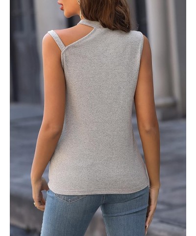 Women's Asymmetrical Neck Chain Tank Top Casual Basic Sleeveless Shirts Grey $5.50 Tanks