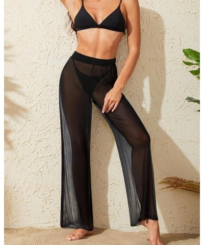 Women's Cover Up Pants Crochet Hollow Out Mesh Pants High Waist Swimsuit Beach Bikini Coverup Pants Black Mesh $12.71 Swimsuits