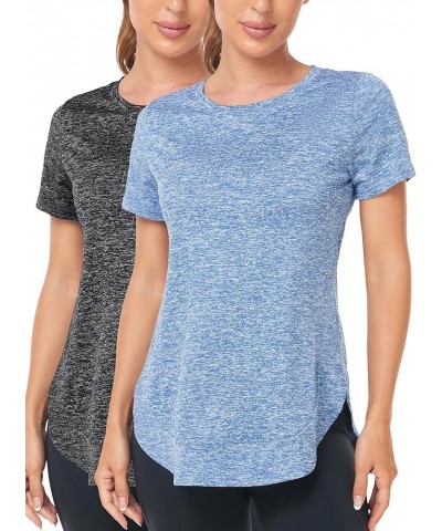 Women's Short Sleeve Workout Shirts Athletic Casual Tops Quick Dry Gym Soprt Tee Side Split Black/ Blue $20.74 Activewear