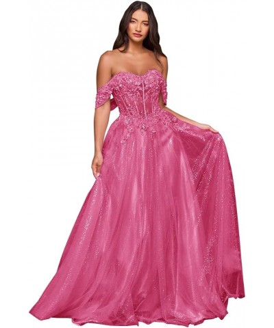 Glitter Tulle Prom Dresses for Women Long Ball Gown Lace Appliques A-Line Formal Evening Dresses Hot Pink $44.32 Dresses