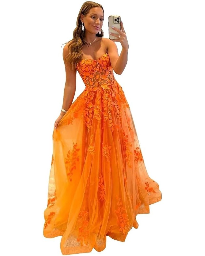 Tulle Lace Appliques Prom Dresses Long Ball Gown for Women Strapless Backless Evening Party Dress Bright Orange $36.90 Dresses