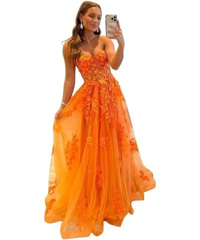 Tulle Lace Appliques Prom Dresses Long Ball Gown for Women Strapless Backless Evening Party Dress Bright Orange $36.90 Dresses