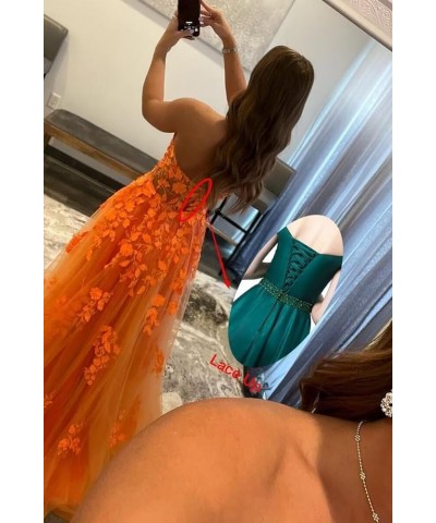 Tulle Lace Appliques Prom Dresses Long Ball Gown for Women Strapless Backless Evening Party Dress Bright Orange $36.90 Dresses