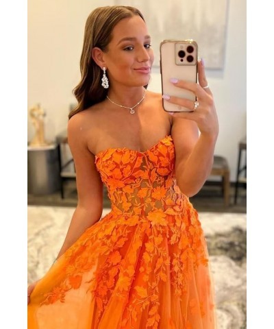 Tulle Lace Appliques Prom Dresses Long Ball Gown for Women Strapless Backless Evening Party Dress Bright Orange $36.90 Dresses