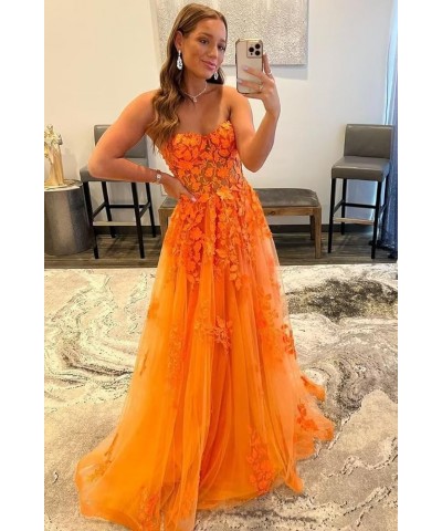 Tulle Lace Appliques Prom Dresses Long Ball Gown for Women Strapless Backless Evening Party Dress Bright Orange $36.90 Dresses