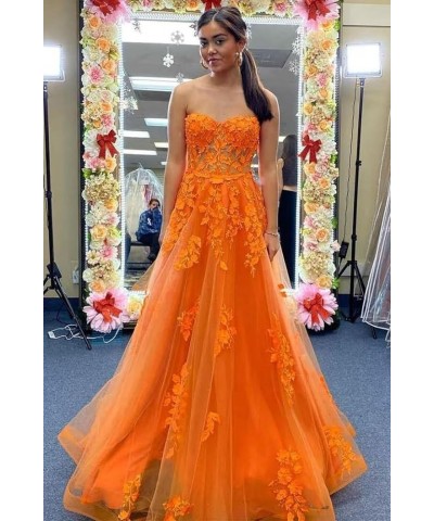 Tulle Lace Appliques Prom Dresses Long Ball Gown for Women Strapless Backless Evening Party Dress Bright Orange $36.90 Dresses