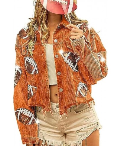 Women’s Cropped Corduroy Jacket Vintage Distressed Football Sequin Patched Shacket Jacket Coat Orange $19.80 Jackets