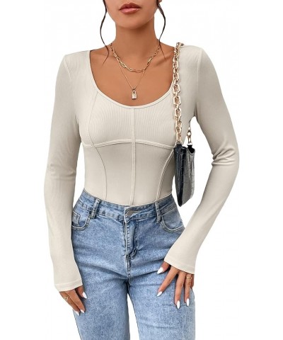 Women's Casual Long Sleeve Scoop Neck Ribbed T Shirt Bodysuit Jumpsuit Tops Apricot $14.40 Bodysuits