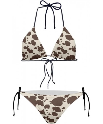 Women's High Waist Halter Bikini Set Two Piece Swimsuits String Triangle Bikini Sets Brown Cow Prints $12.06 Swimsuits