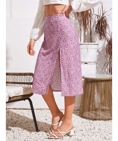 Women's Boho Floral High Waist Split A Line Midi Skirt Purple Ditsy Floral $16.79 Skirts