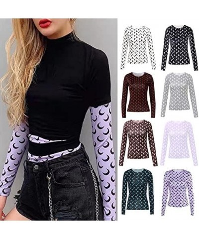 Crescent Moon Print & Long/Short Sleeves Shirt Women Bodycon Outfits Summer Tee 1 $9.35 T-Shirts