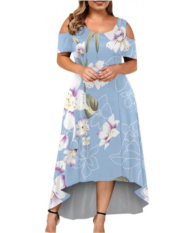 Women's Summer Plus Size Maxi Dresses, Women Sexy Cold Shoulder Short Sleeves Crewneck Dress for Wedding Guest 04blue $7.65 D...