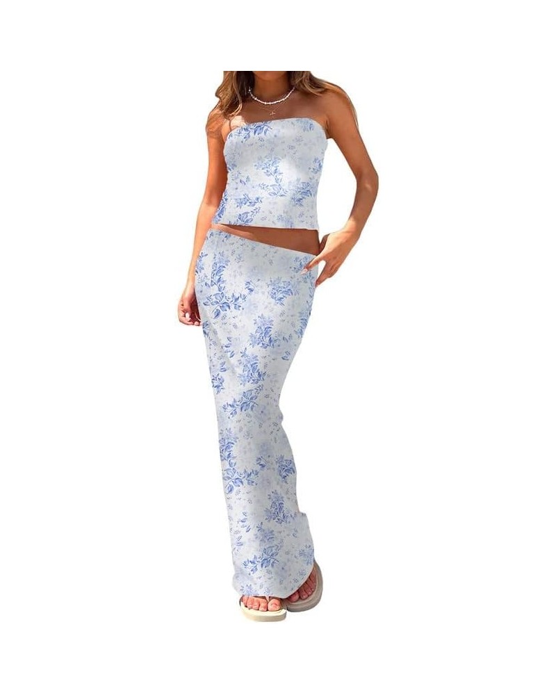 Floral Print Two Piece Skirt Sets Straps Crop Top and Split Midi Skirt Suit Slim Elegant 2Pcs Beach Holiday Outfits Blue 1 $1...