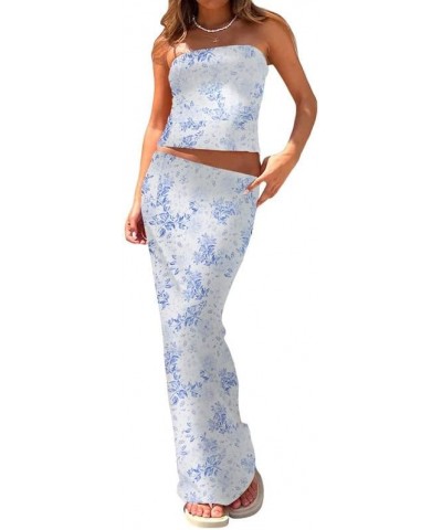 Floral Print Two Piece Skirt Sets Straps Crop Top and Split Midi Skirt Suit Slim Elegant 2Pcs Beach Holiday Outfits Blue 1 $1...