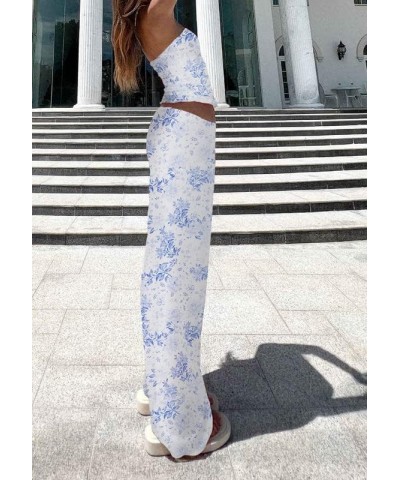 Floral Print Two Piece Skirt Sets Straps Crop Top and Split Midi Skirt Suit Slim Elegant 2Pcs Beach Holiday Outfits Blue 1 $1...