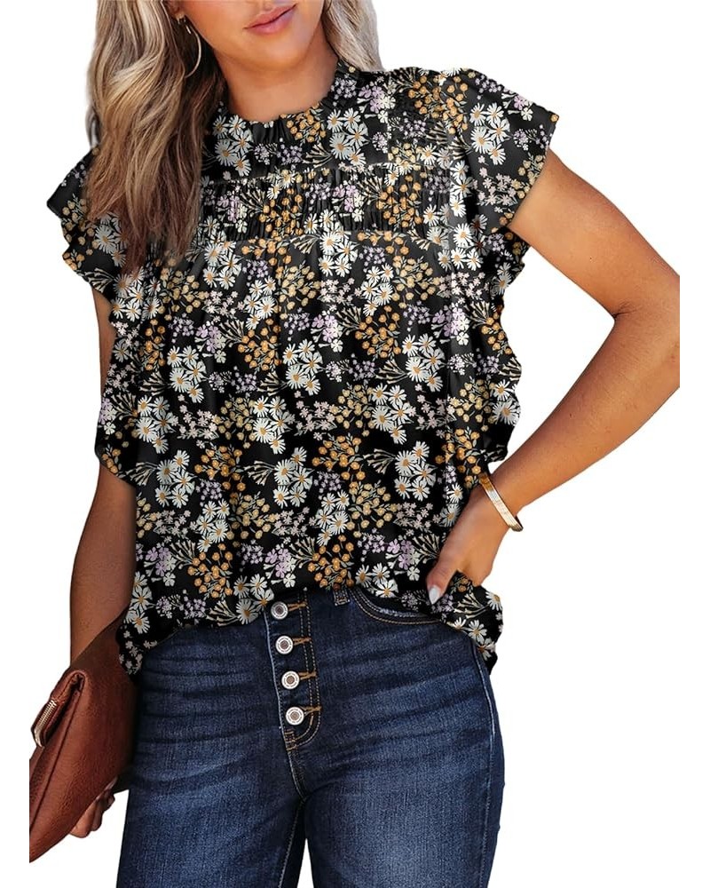 Womens Summer Tops Casual Crewneck Floral Print Shirts Smocked Ruffle Short Sleeve Babydoll Blouses Black $12.90 Blouses