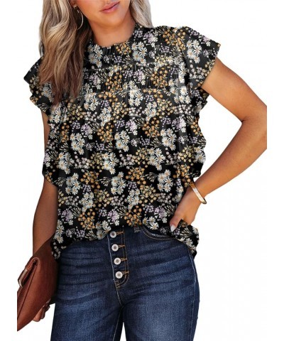 Womens Summer Tops Casual Crewneck Floral Print Shirts Smocked Ruffle Short Sleeve Babydoll Blouses Black $12.90 Blouses