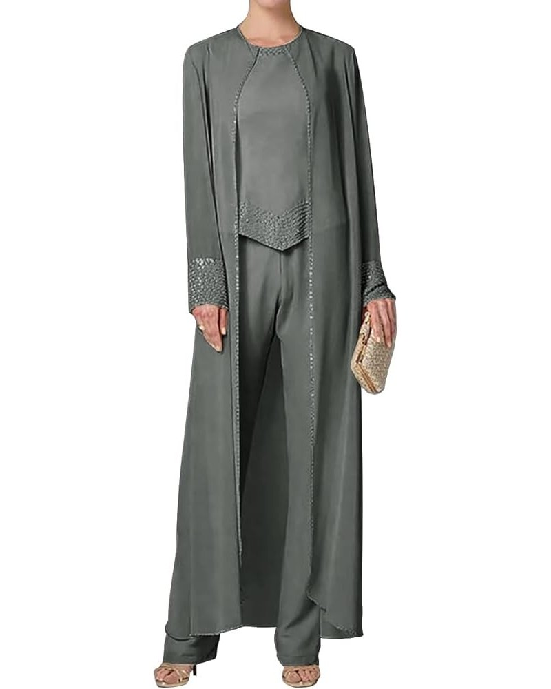 Mother of The Bride Pant Suits 3 Pieces Chiffon Outfit Sets for Wedding Guest Sequin Grey $47.96 Suits