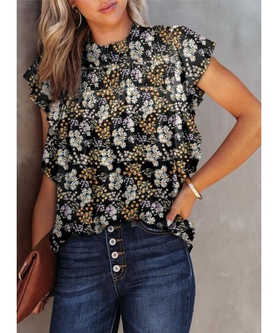 Womens Summer Tops Casual Crewneck Floral Print Shirts Smocked Ruffle Short Sleeve Babydoll Blouses Black $12.90 Blouses