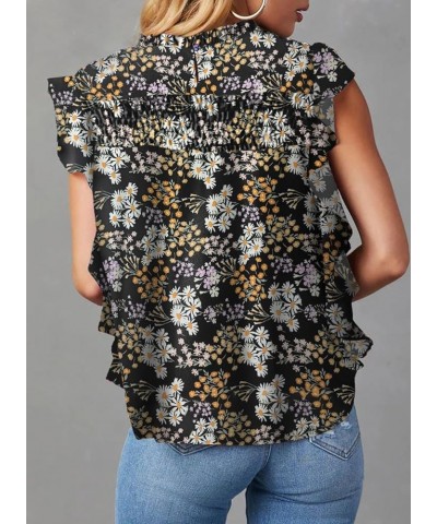 Womens Summer Tops Casual Crewneck Floral Print Shirts Smocked Ruffle Short Sleeve Babydoll Blouses Black $12.90 Blouses